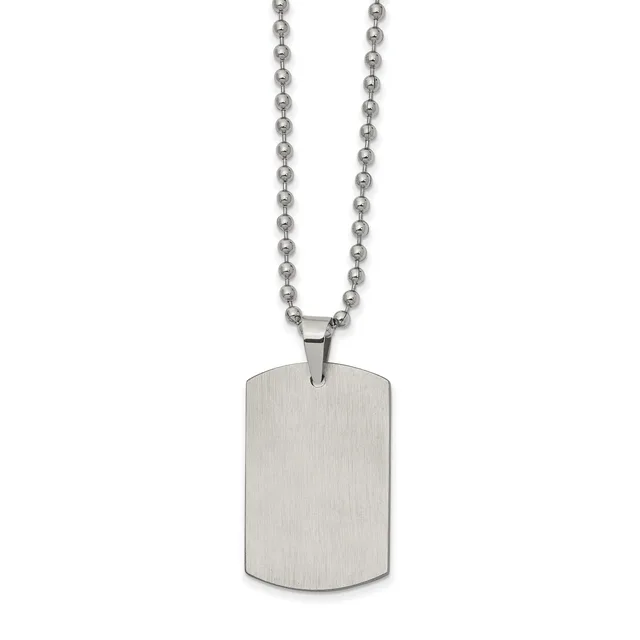 Stainless steel dog tag pendant with brushed finish hanging from a ball chain necklace against a white background.
