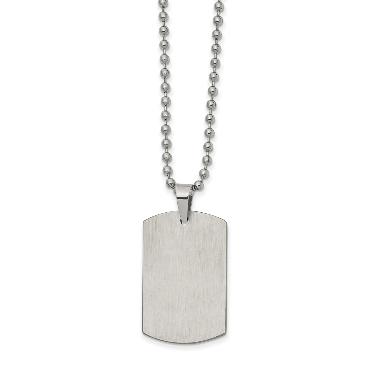 Stainless steel dog tag pendant with brushed finish hanging from a ball chain necklace against a white background.