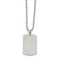 Stainless steel dog tag pendant with brushed finish hanging from a ball chain necklace against a white background.