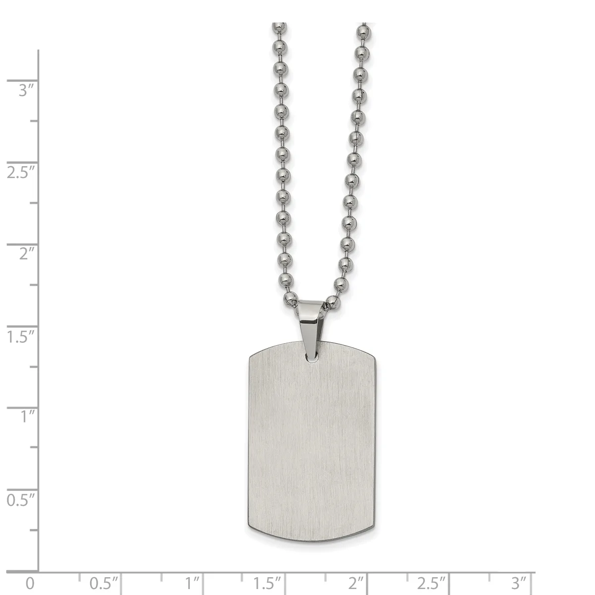 A stainless steel dog tag pendant with rounded corners hangs from a ball chain, displayed against a measurement scale showing approximately 3 inches in total length.