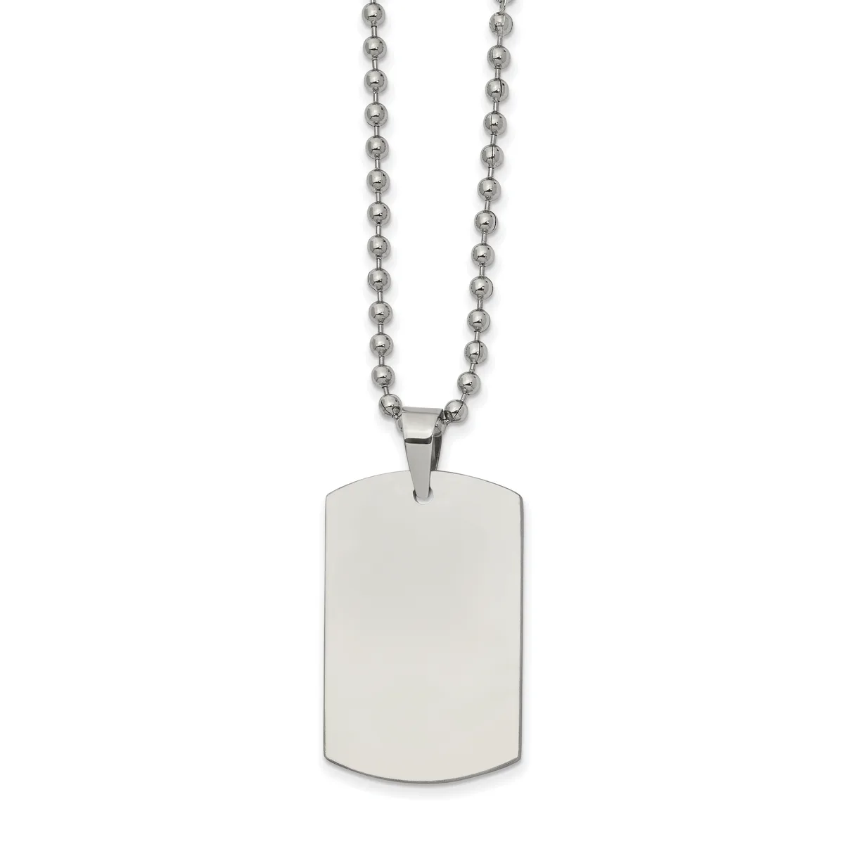 Polished stainless steel dog tag pendant with rounded corners hanging from a ball chain necklace.