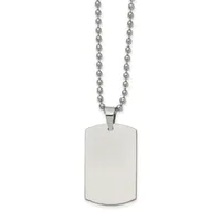 Polished stainless steel dog tag pendant with rounded corners hanging from a ball chain necklace.