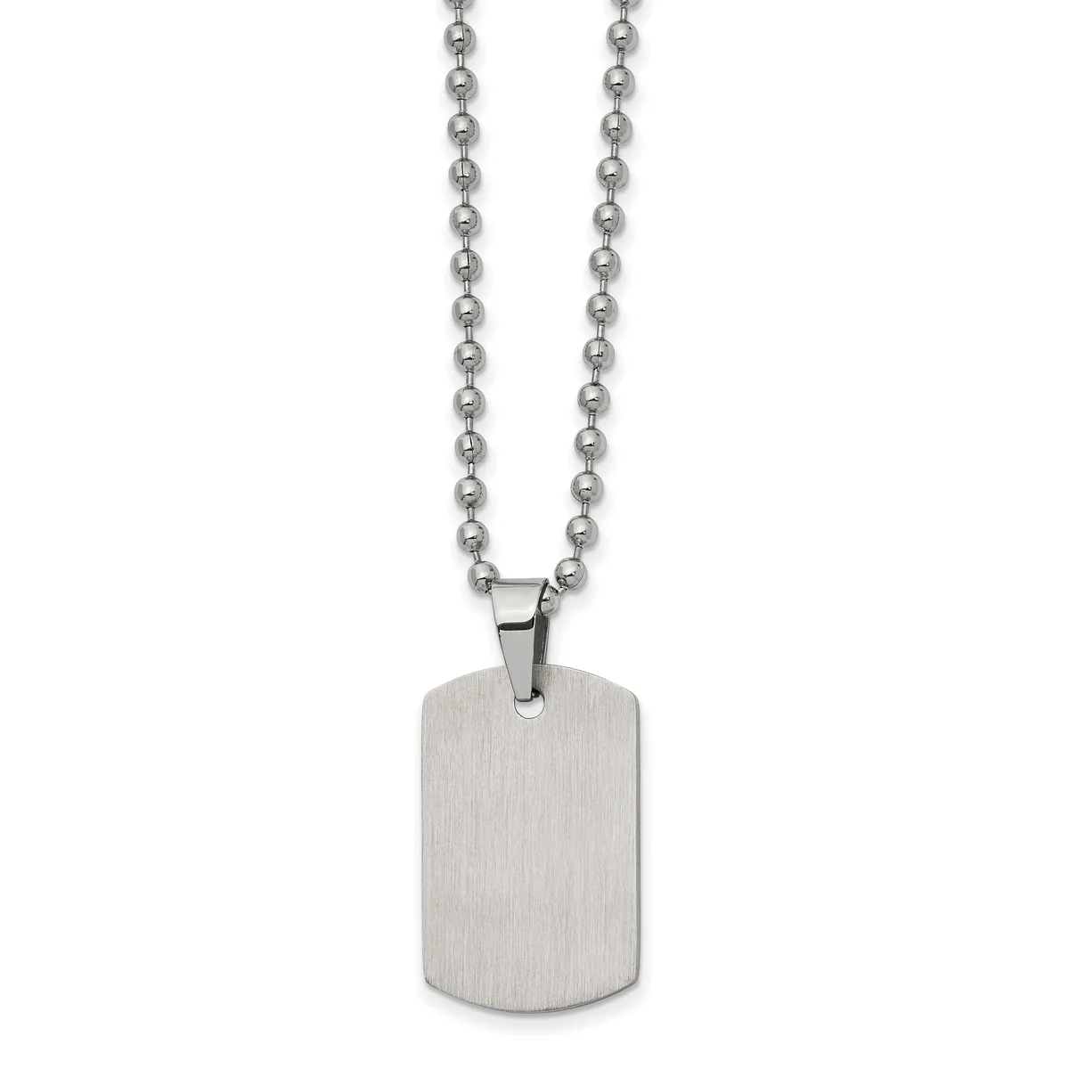 A brushed stainless steel dog tag pendant hanging from a ball chain necklace against a white background.