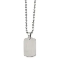 A brushed stainless steel dog tag pendant hanging from a ball chain necklace against a white background.