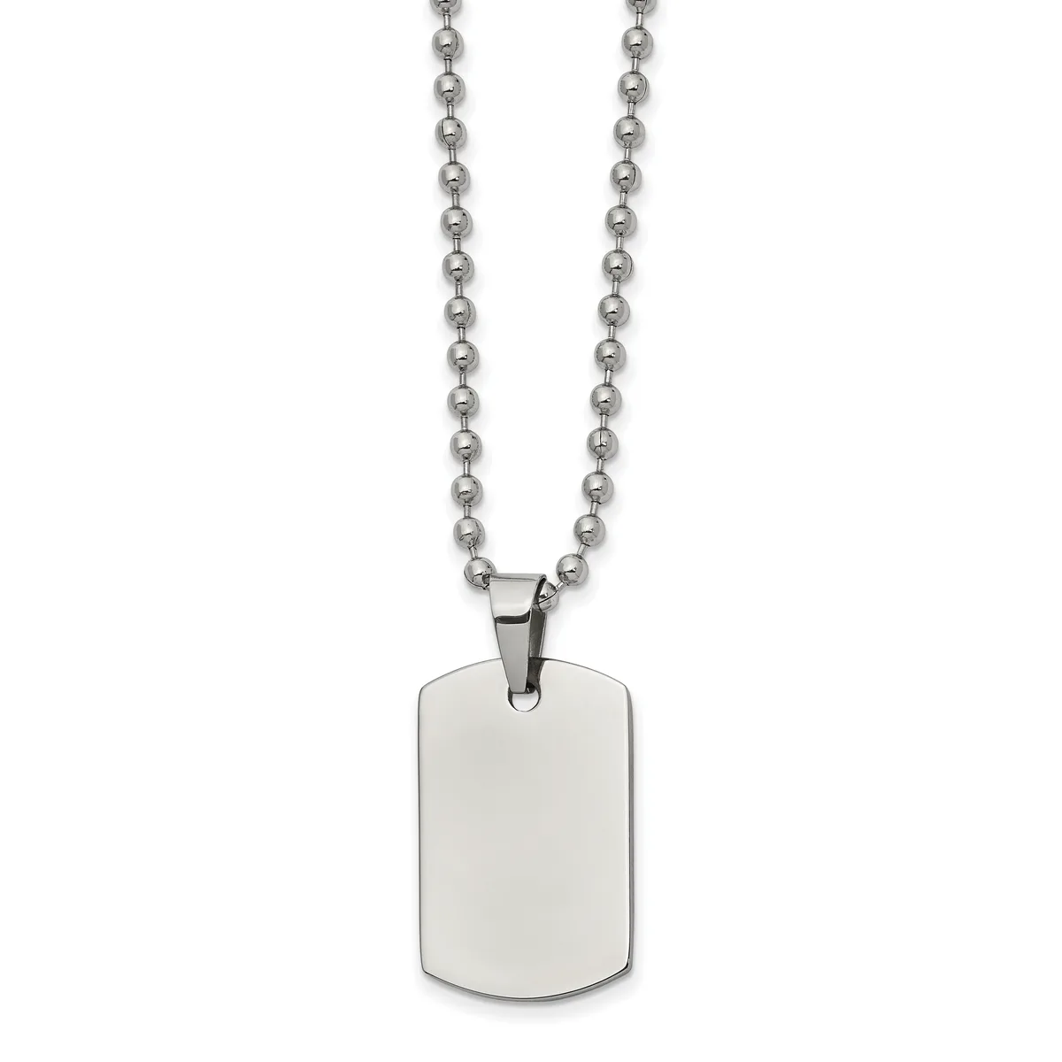 Stainless steel ball chain necklace with a blank rectangular dog tag pendant suspended from a single chain link.