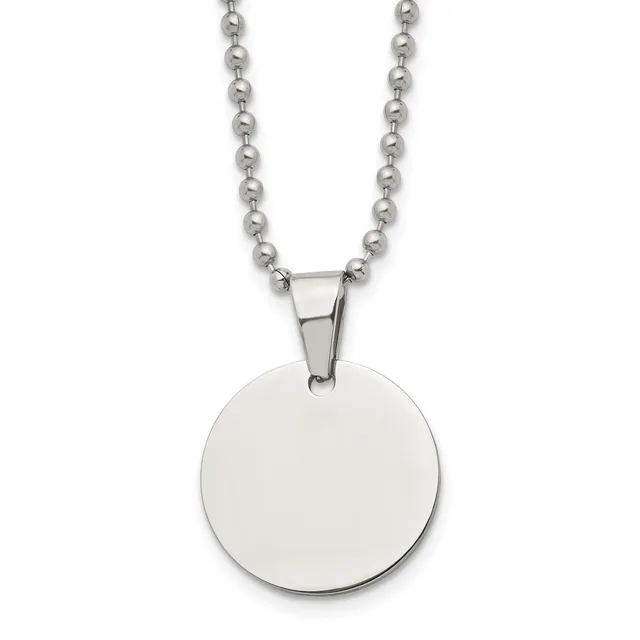 A stainless steel ball chain necklace with a large circular polished disc pendant hanging from a rectangular bail.
