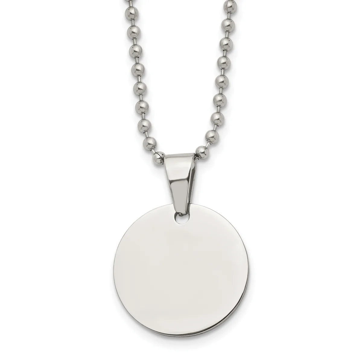 A stainless steel ball chain necklace with a large circular polished disc pendant hanging from a rectangular bail.
