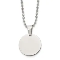 A stainless steel ball chain necklace with a large circular polished disc pendant hanging from a rectangular bail.