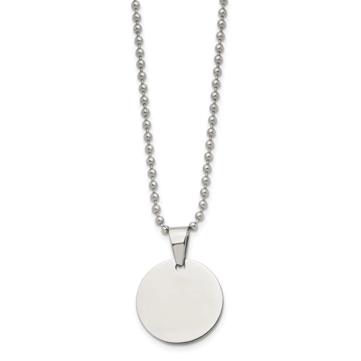 A silver ball chain necklace with a polished circular disc pendant hanging from a rectangular bail.