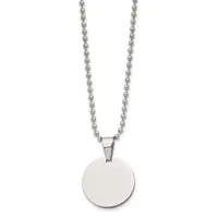 A silver ball chain necklace with a polished circular disc pendant hanging from a rectangular bail.