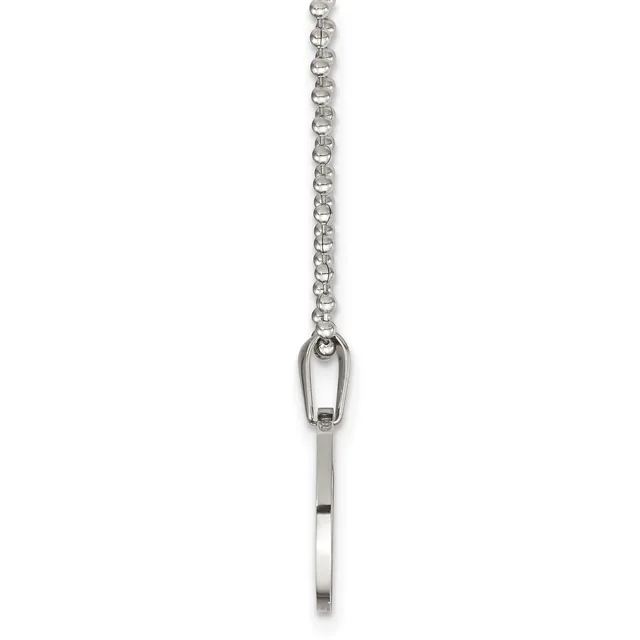 A silver chain necklace with a small rectangular pendant hanging from a carabiner-style clasp at the end.