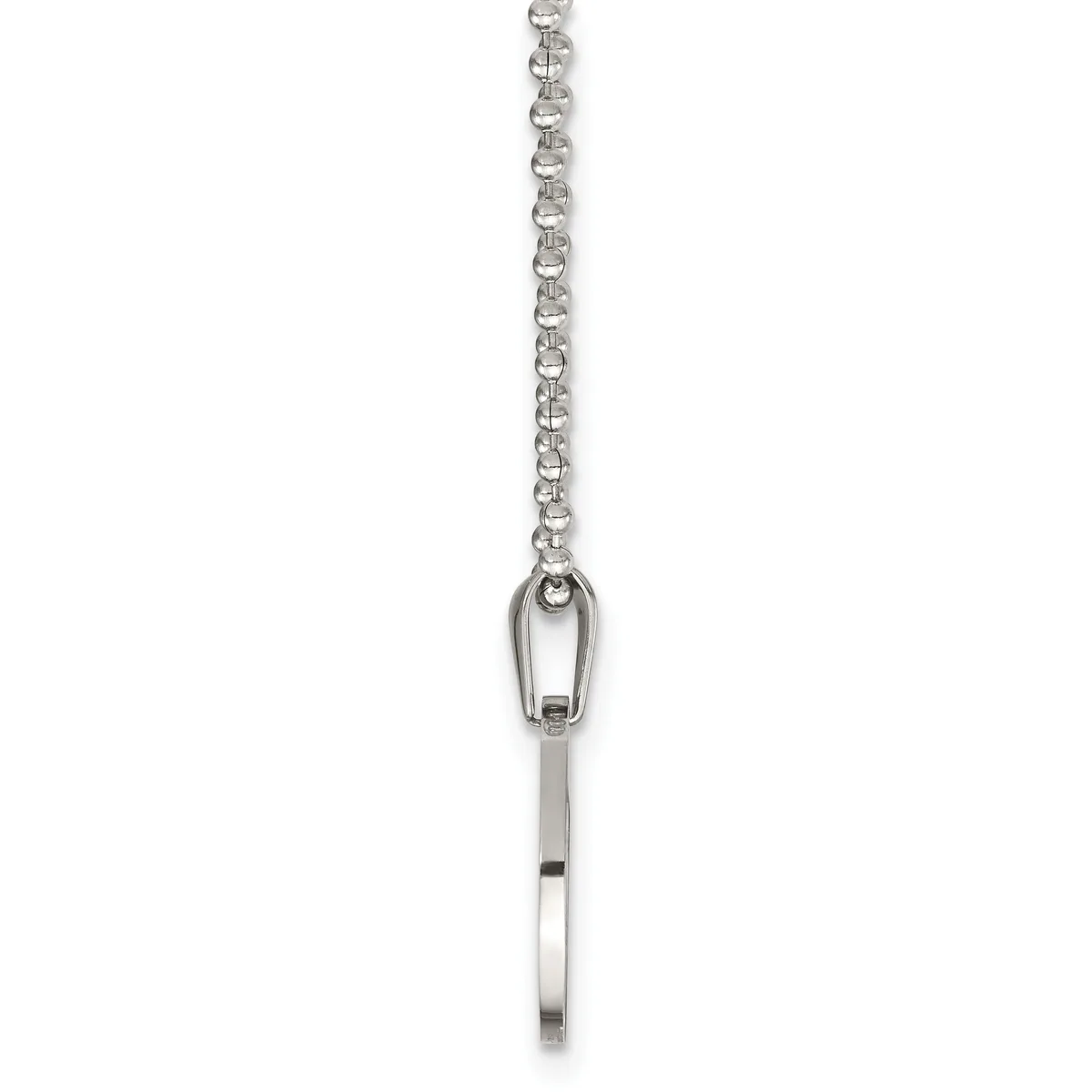 A silver chain necklace with a small rectangular pendant hanging from a carabiner-style clasp at the end.