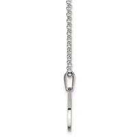 A silver chain necklace with a small rectangular pendant hanging from a carabiner-style clasp at the end.