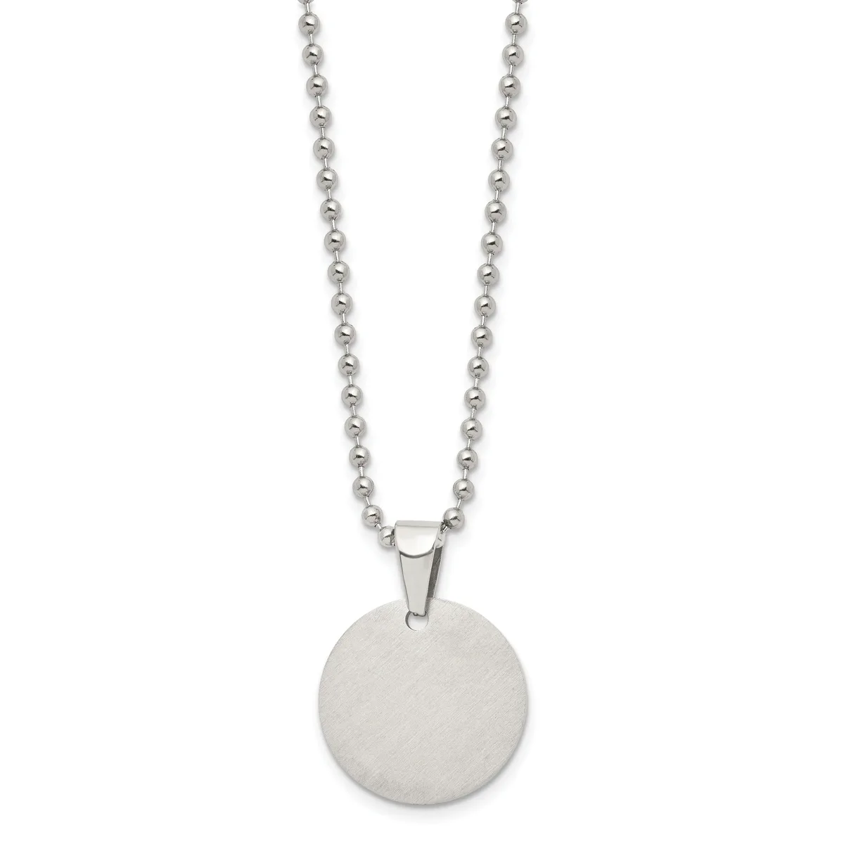 A stainless steel ball chain necklace with a large circular brushed silver pendant hanging from the center.