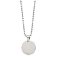 A stainless steel ball chain necklace with a large circular brushed silver pendant hanging from the center.