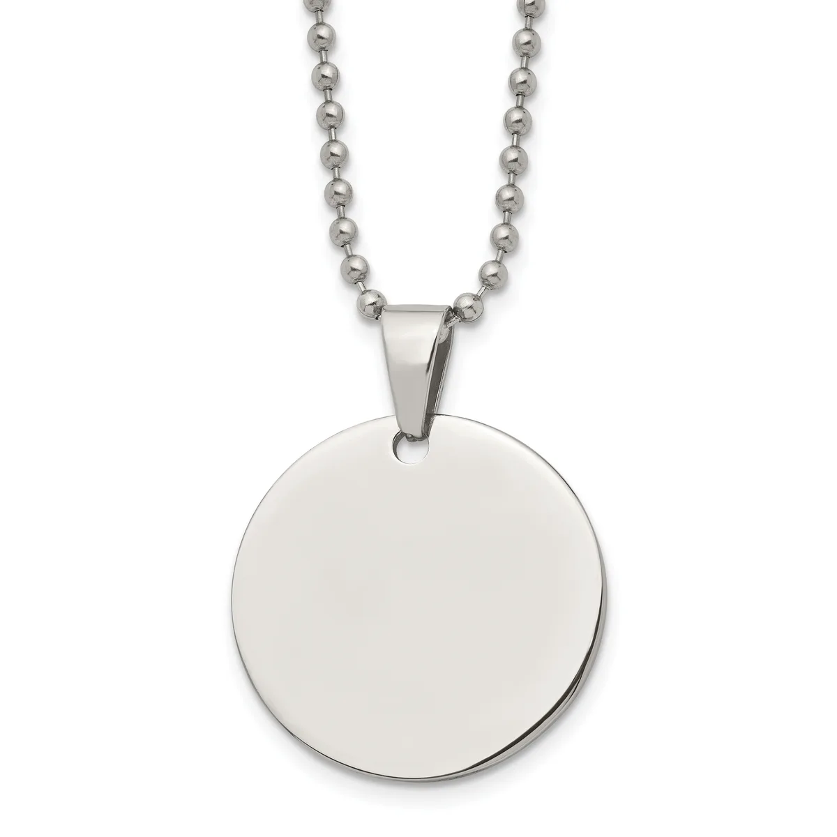 Stainless steel ball chain necklace with a large circular polished pendant hanging from a bail.