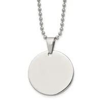 Stainless steel ball chain necklace with a large circular polished pendant hanging from a bail.