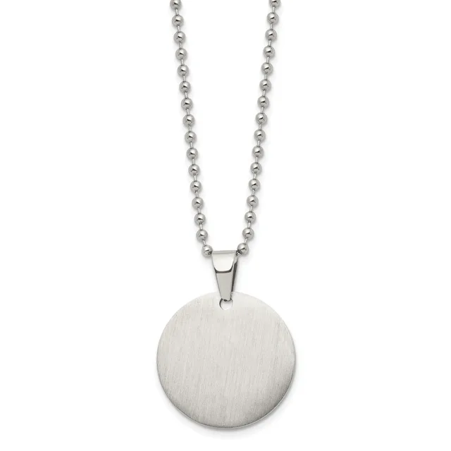 Brushed stainless steel circular pendant hanging from a ball chain necklace.