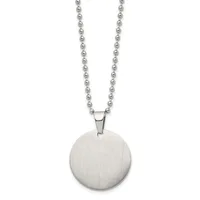 Brushed stainless steel circular pendant hanging from a ball chain necklace.