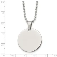 A silver ball chain necklace with a polished circular disc pendant, displayed against a ruler showing the pendant is approximately one inch in diameter.