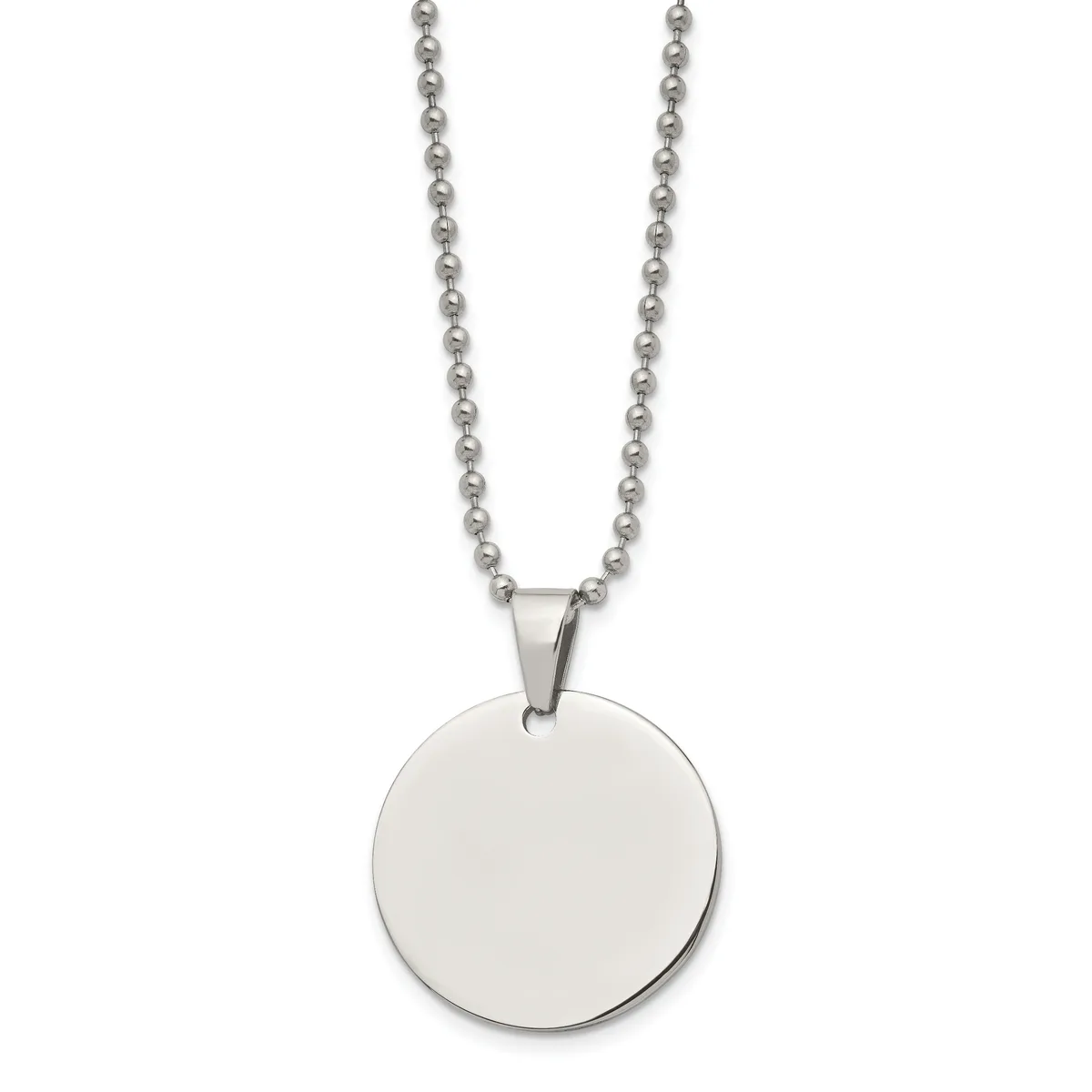 A stainless steel ball chain necklace with a large circular polished pendant hanging from a small rectangular bail.