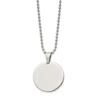 A stainless steel ball chain necklace with a large circular polished pendant hanging from a small rectangular bail.