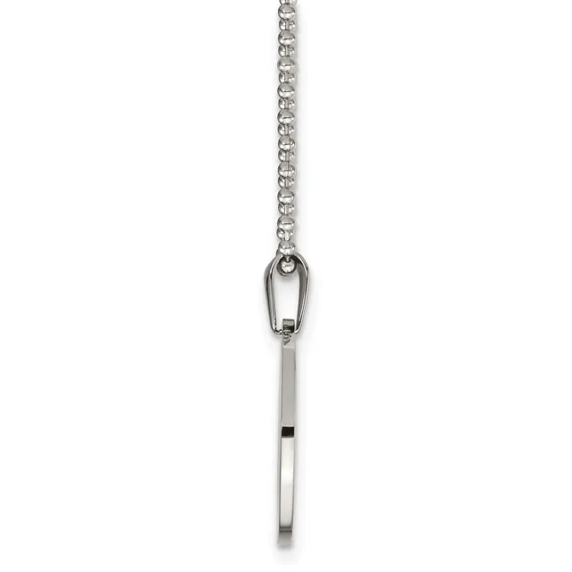 A silver chain necklace with a safety pin pendant hanging from a small oval loop connector.