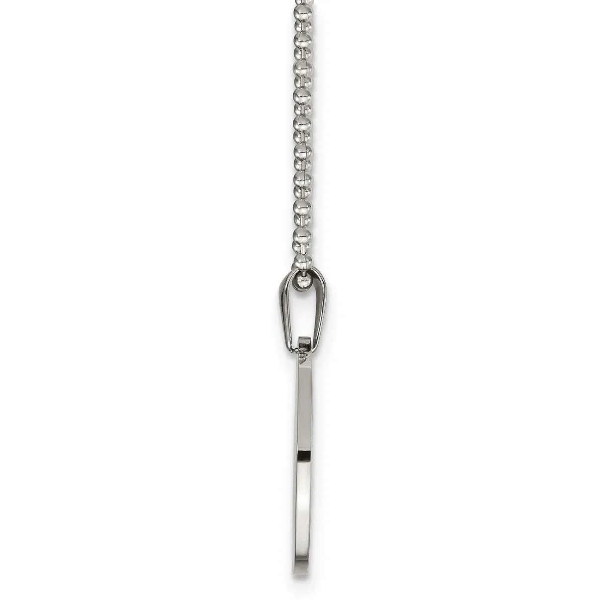 A silver chain necklace with a safety pin pendant hanging from a small oval loop connector.