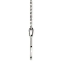 A silver chain necklace with a safety pin pendant hanging from a small oval loop connector.