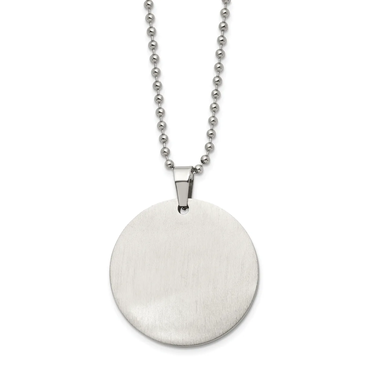 Stainless steel ball chain necklace with a brushed circular disc pendant.