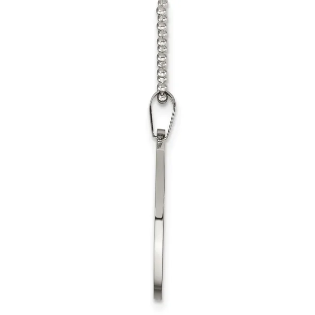 A silver pendant with a carabiner clasp at the top hangs from a chain, featuring an elongated rectangular bar with a polished finish.