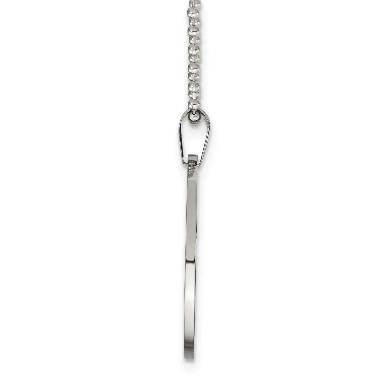 A silver pendant with a carabiner clasp at the top hangs from a chain, featuring an elongated rectangular bar with a polished finish.