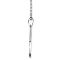 A silver pendant with a carabiner clasp at the top hangs from a chain, featuring an elongated rectangular bar with a polished finish.