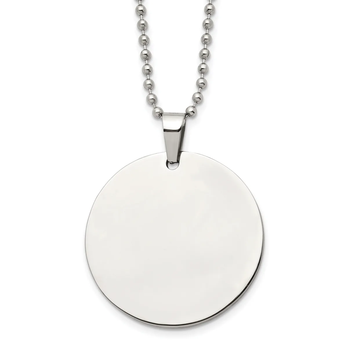 A polished stainless steel circular pendant hangs from a matching ball chain necklace against a white background.