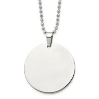 A polished stainless steel circular pendant hangs from a matching ball chain necklace against a white background.