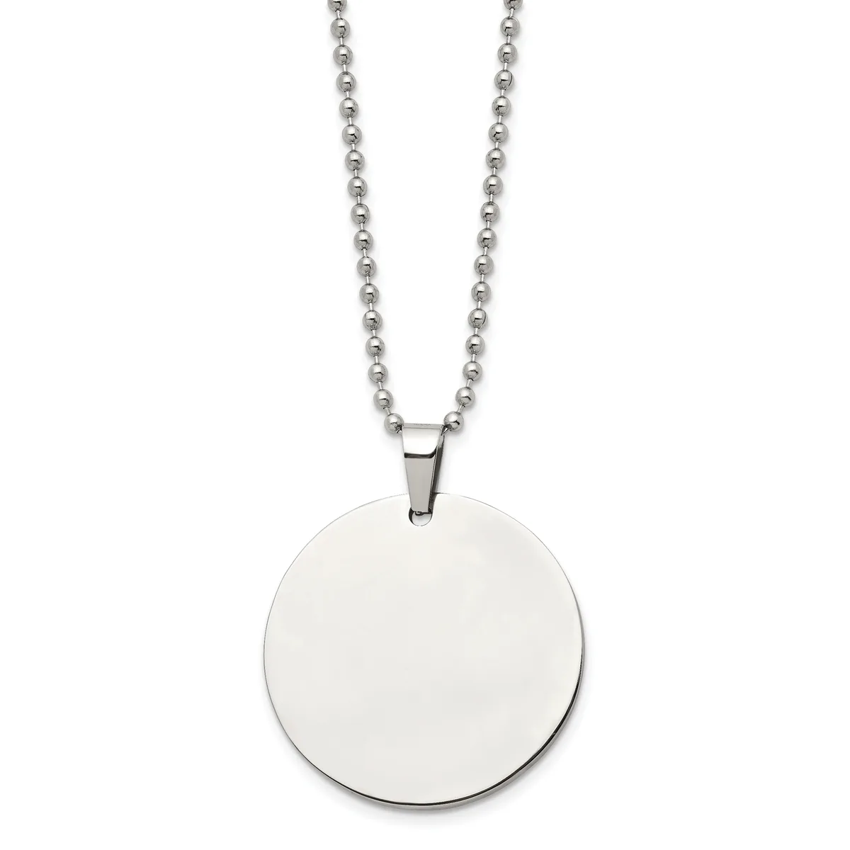 A stainless steel ball chain necklace with a large circular polished pendant hanging from the chain.
