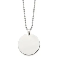 A stainless steel ball chain necklace with a large circular polished pendant hanging from the chain.