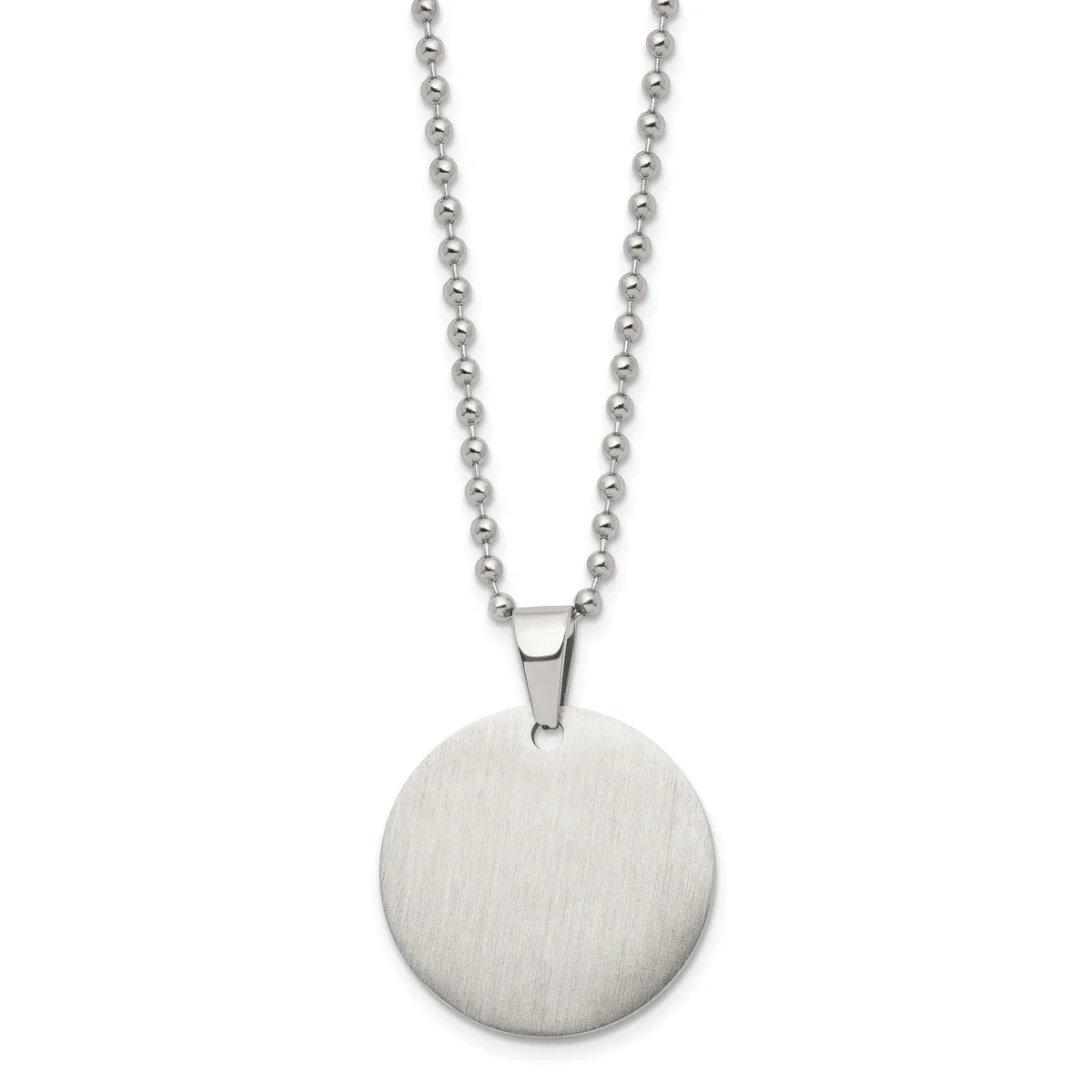 A stainless steel ball chain necklace with a brushed finish circular pendant hanging from a small connector loop.