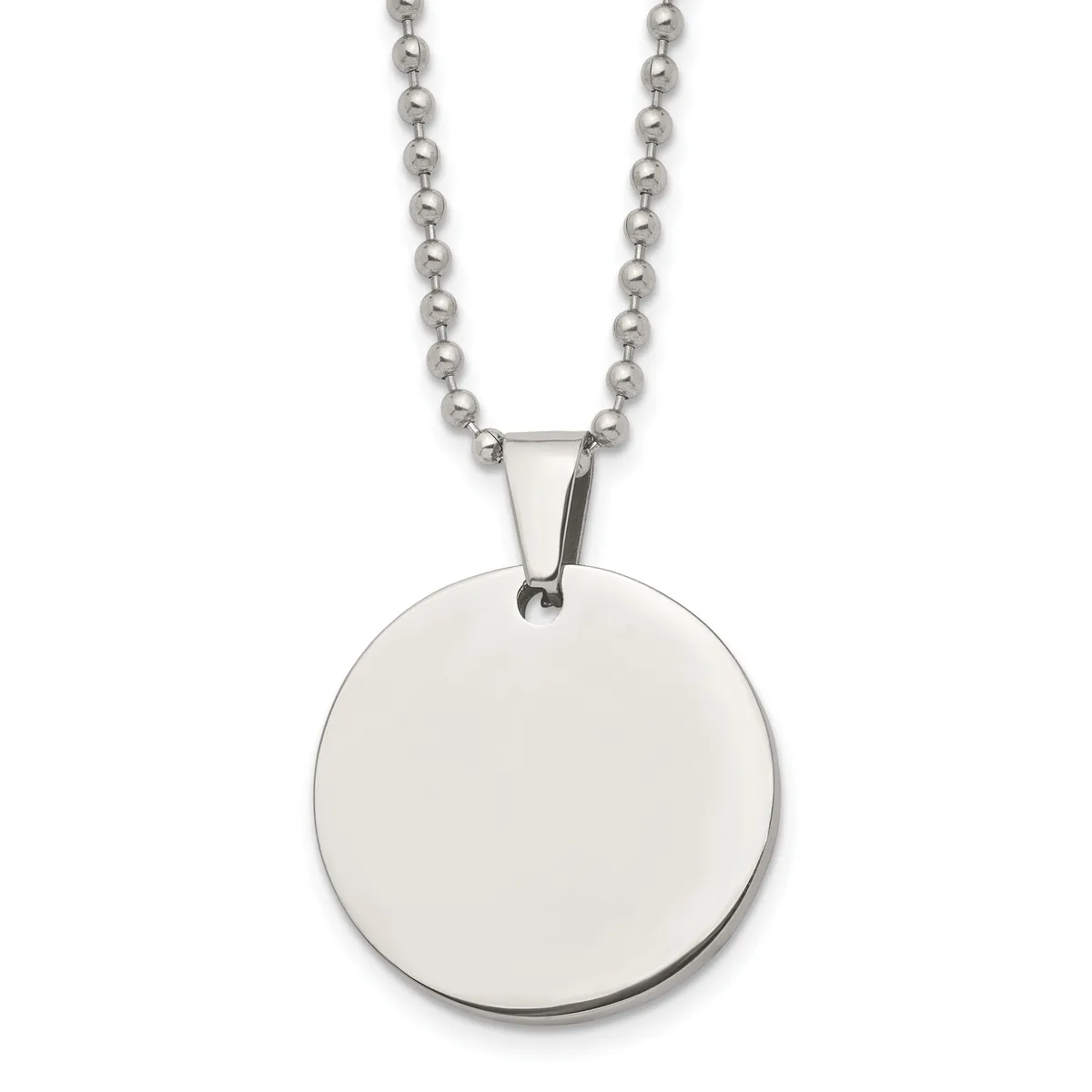 A polished stainless steel circular pendant hangs from a matching ball chain necklace.