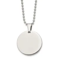 A polished stainless steel circular pendant hangs from a matching ball chain necklace.