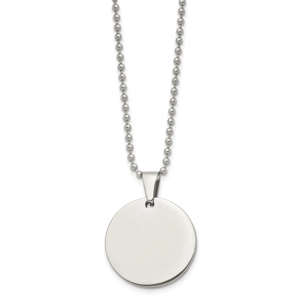 A silver ball chain necklace with a polished circular disc pendant hanging from the center.
