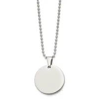 A silver ball chain necklace with a polished circular disc pendant hanging from the center.