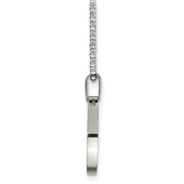 A silver rectangular pendant with a polished finish hangs from a delicate silver chain against a white background.