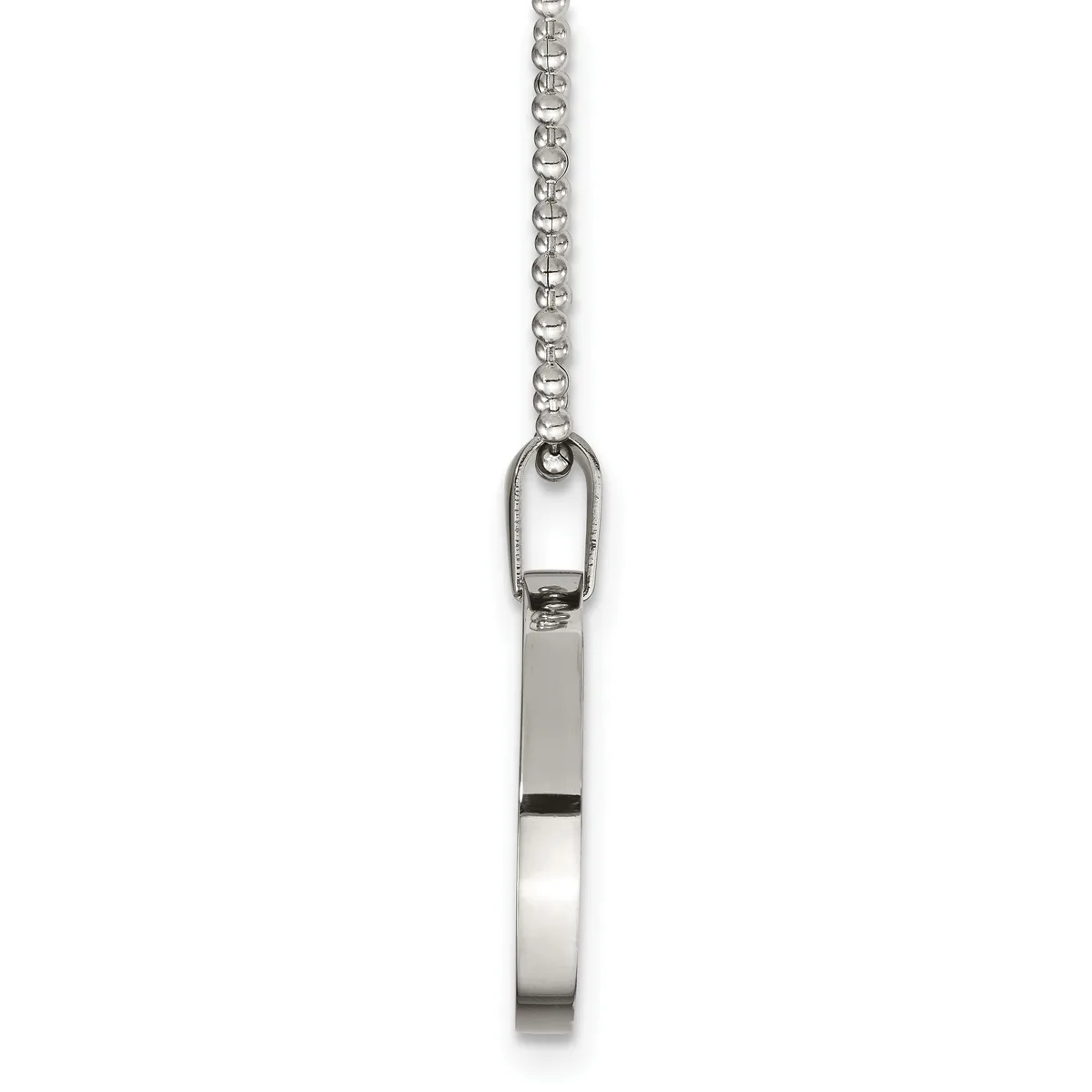 A silver rectangular pendant with a polished finish hangs from a delicate silver chain against a white background.