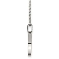 A silver rectangular pendant with a polished finish hangs from a delicate silver chain against a white background.