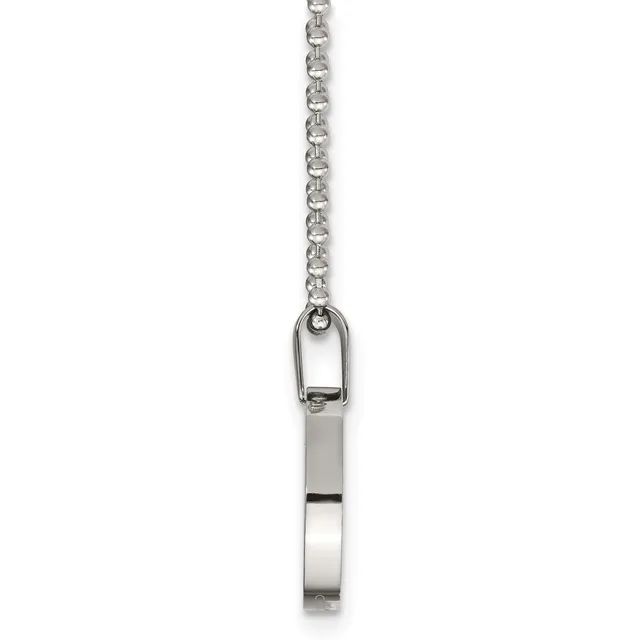 A silver cylindrical pendant hangs from a delicate chain, with an open carabiner loop at the top.