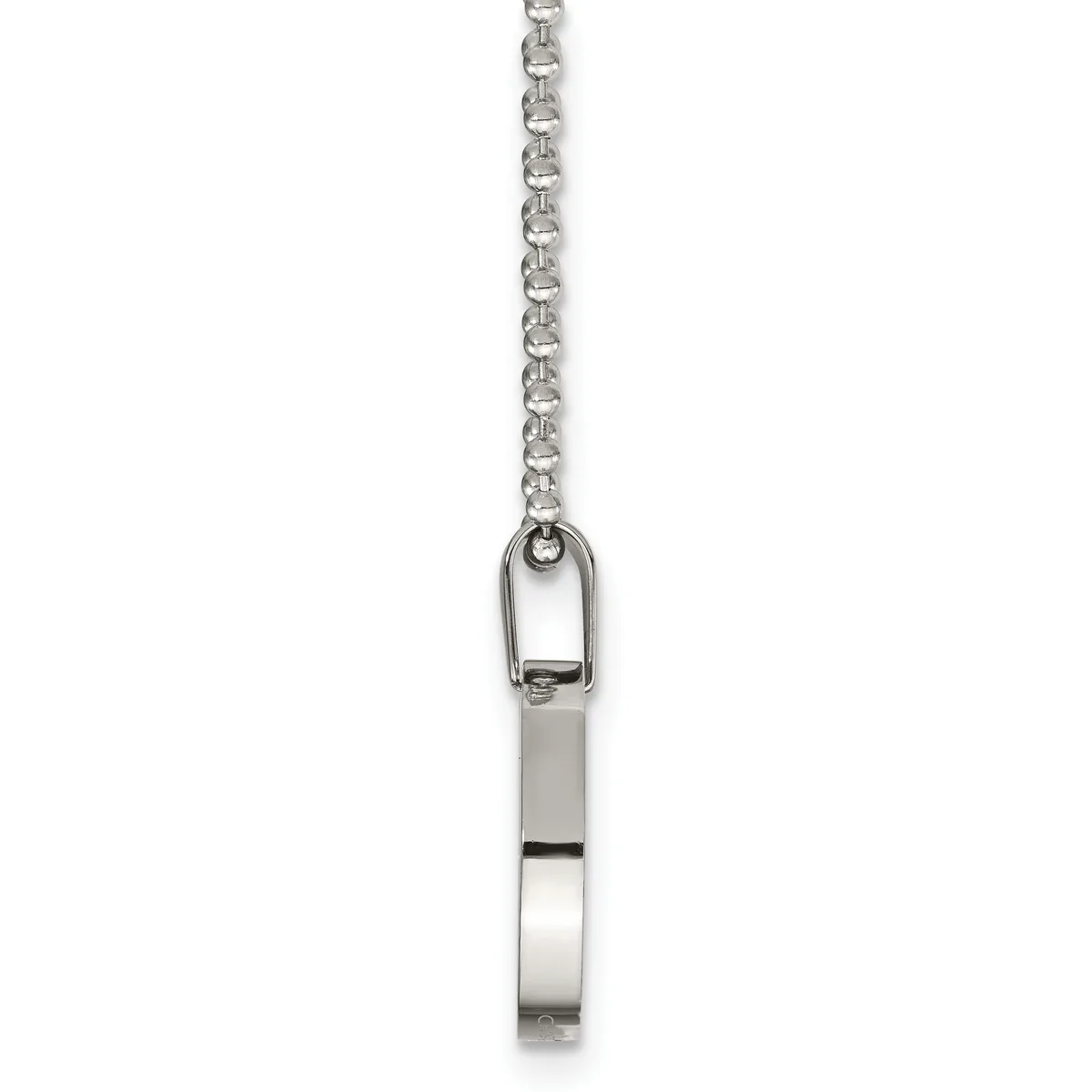 A silver cylindrical pendant hangs from a delicate chain, with an open carabiner loop at the top.