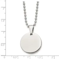A stainless steel ball chain necklace with a large polished circular pendant, shown against a ruler measuring approximately 2 inches in length.