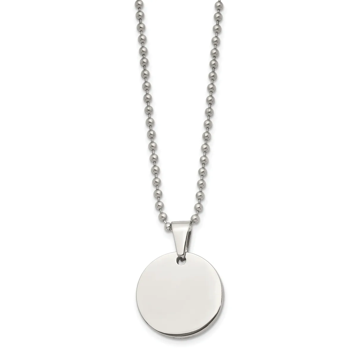Silver-toned stainless steel necklace with a ball chain and a polished circular disc pendant.