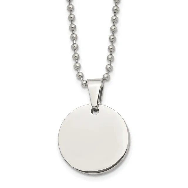 A polished stainless steel ball chain necklace with a blank circular pendant.